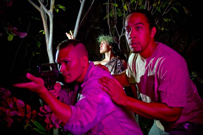 (L. to R.) William Murray, Annie Lokomaika‘i Lipscomb and Moses Goods III in Kaluaiko‘olau by Kemuel DeMoville at Kumu Kahua Theatre.